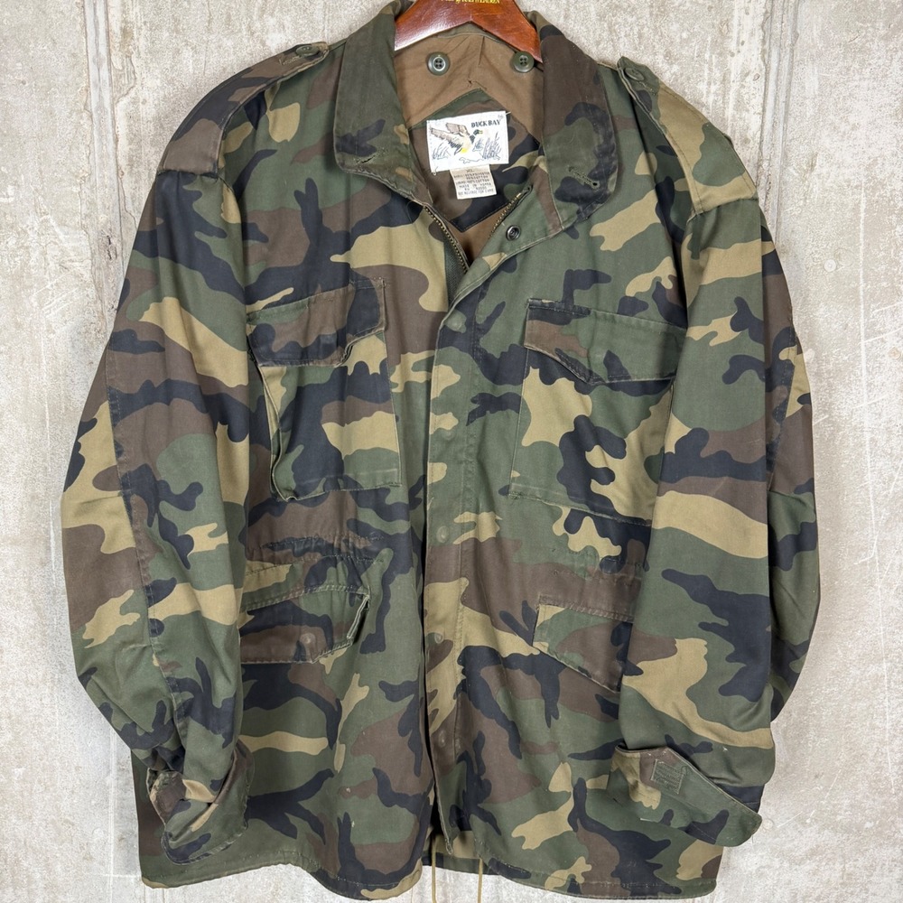 Duck‎ Bay Mens XL Vintage Woodland Camo Field Jacket M65 Style Military Hunting
